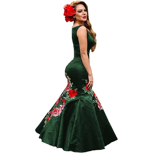 fitted lace wedding dress Red Flowers Embroidered Formal Evening Dresses with Sleeves V-Neck Lace Prom  Dress Mermaid Black 2 at Amazon Women's Clothing store