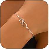 SUYACS 925 Sterling Silver Cat Dog Puppy Pet Paw Print Bracelet for Women Dainty 14k Gold Plated Love Heart Link Bracelet Hollow Animal Paw Charm Chain Jewelry Birthday Gifts to Daughter