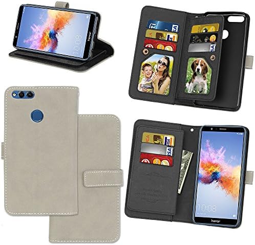 sinogoods For Huawei Honor 7X Case, Luxury Flip Slim Fit Premium PU Leather Case, Stand Wallet Card Case Cover - Retro Frosted 9 Card Slots (Gray)