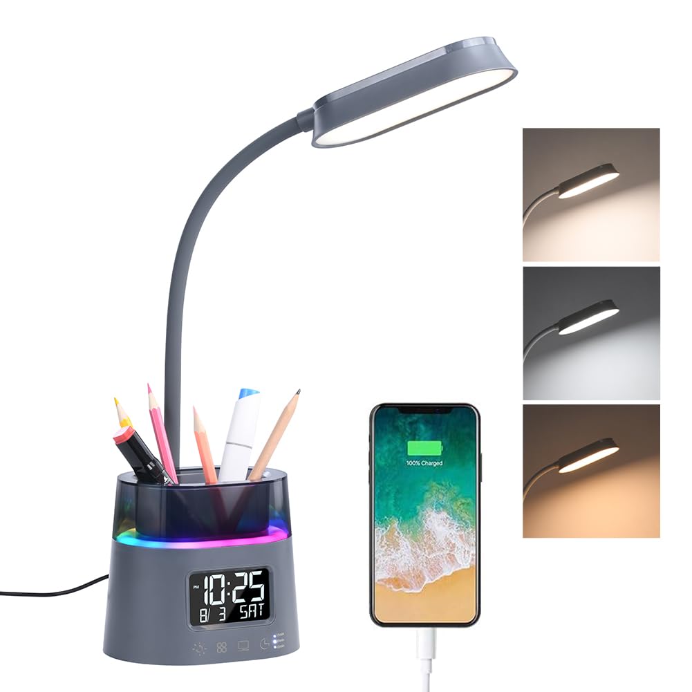 Photo 1 of WILIT LED Desk Lamp for College Dorm Room Essentials, Students Study Lamp with Charging Station, Pen Holder, Clock & RGB Night Light, Office Desk Accessories, Table Lamp for Bedroom - Gray