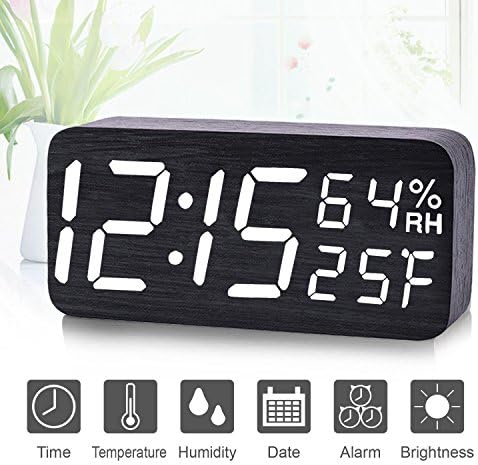 Alarm Clock, Qiwoo Wooden LED Light Alarm Clocks Large Display with 3 Group Alarm 3 Level Adjustable Brightness Voice Control Date Humidity Temperature for Kids Heavy Sleeper Bedroom Bedside Table
