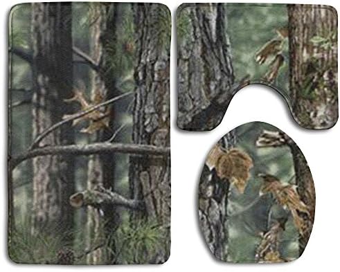 3 Piece Bath Mat Set Hunting Camo Non Slip Bathroom Mats Contour Toilet Cover Rug