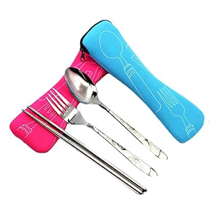 Happy Chef Kitchen Fork Spoon Chopstick Set Travel Camping Picnic Stainless Steel Cutlery With a Travel Pouch