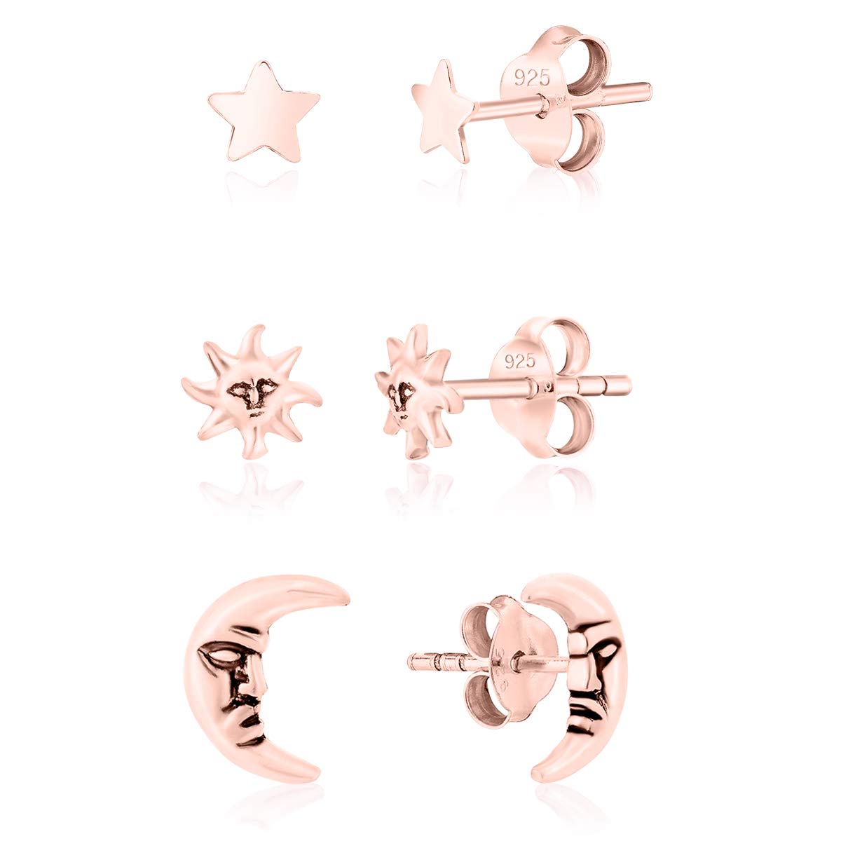 DTPsilver® Set of 3 Pairs of SMALL 925 Sterling Silver Rose Gold Plated Studs Earrings - Sun: 5 mm, Star: 4 mm, Man in the Moon: 6 x 9 mm