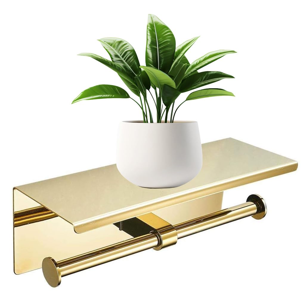 Double Toilet Paper Holder with Phone Shelf Dual Roll Tissue Holder Dispenser Wall Mounted SUS304 Commercial Stainless Steel Roll Holder Storage Cool Bathroom Accessory (Gold)
