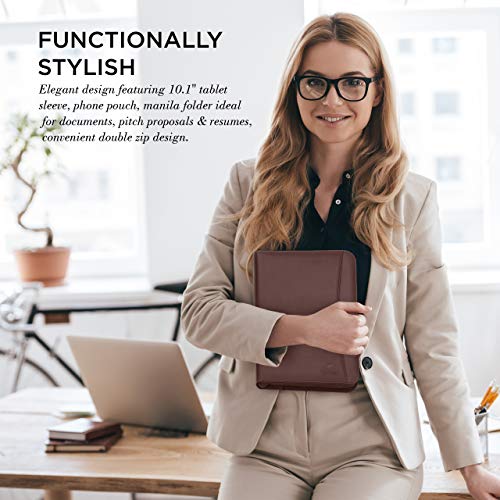 Professional Business Padfolio Portfolio Organizer Interview Folder with Notepad and Removable 3 Ring Binder, Card Slots, Multiple Zippered Pockets - Almond Brown Synthetic Leather