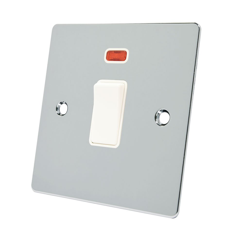 Alliance Electrical FPC20ASWIWH Polished Chrome Flat 20 Amp DP White Insert Plastic Rocker Switch-20A Double Pole Switch w/Neon Indicator, 240 V