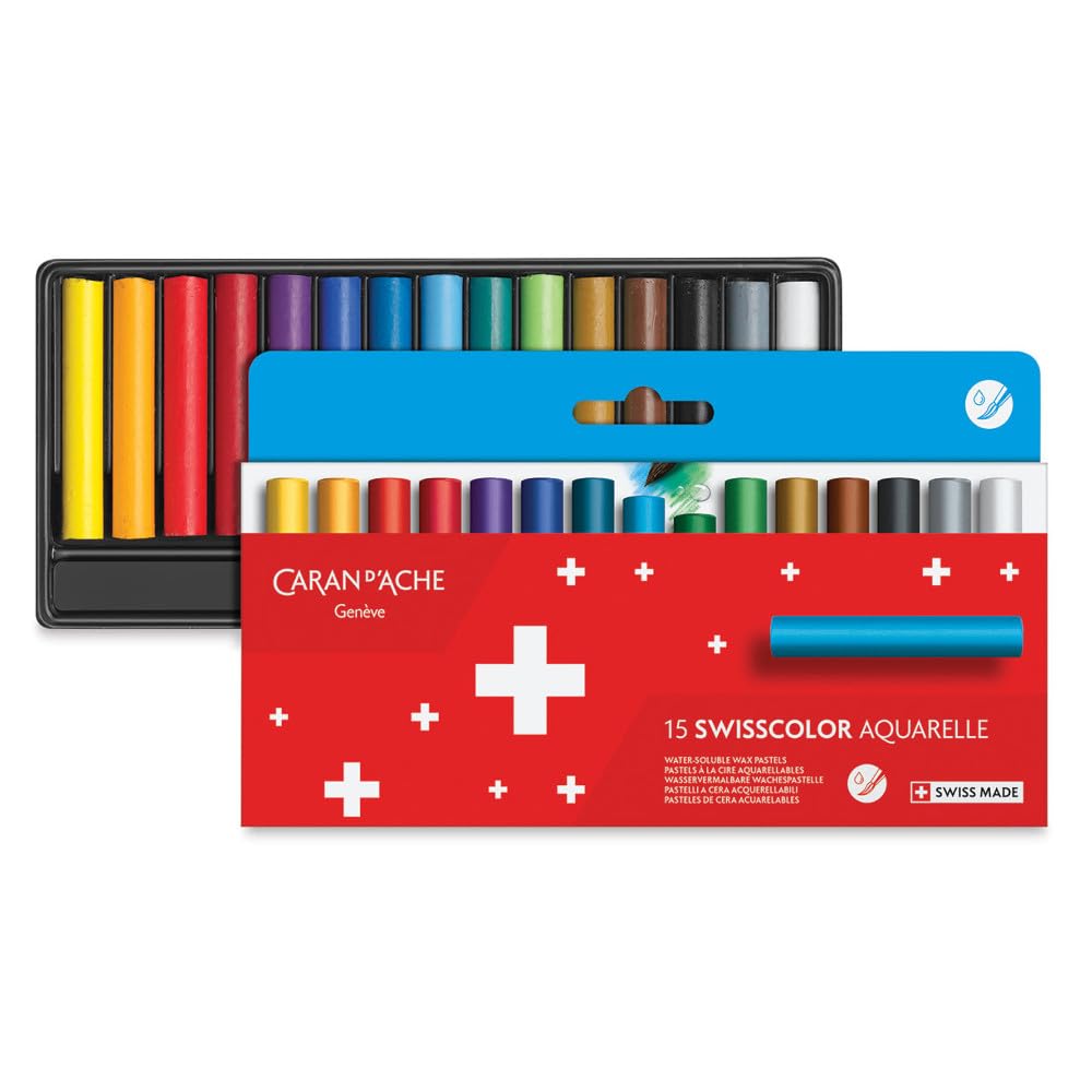 Caran d'Ache Swisscolor 7502.815 Water-soluble Wax Pastel Colouring Pencils, Pack of 15, Colourful