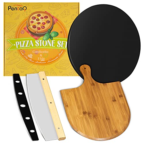pentaQ Black Pizza Stone for Oven, 3 Pieces Pizza Stone Set with 15inch