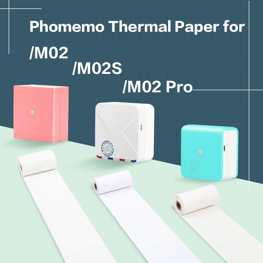 Phomemo White Self-Adhesive Thermal Paper, Glossy Printable Sticker Paper for Phomemo M02/M02 Pro/M02S Bluetooth Pocket Mobile Printer, Black on White, 50mm x 3.5m, Diameter 30mm, 3-Rolls : Office Products