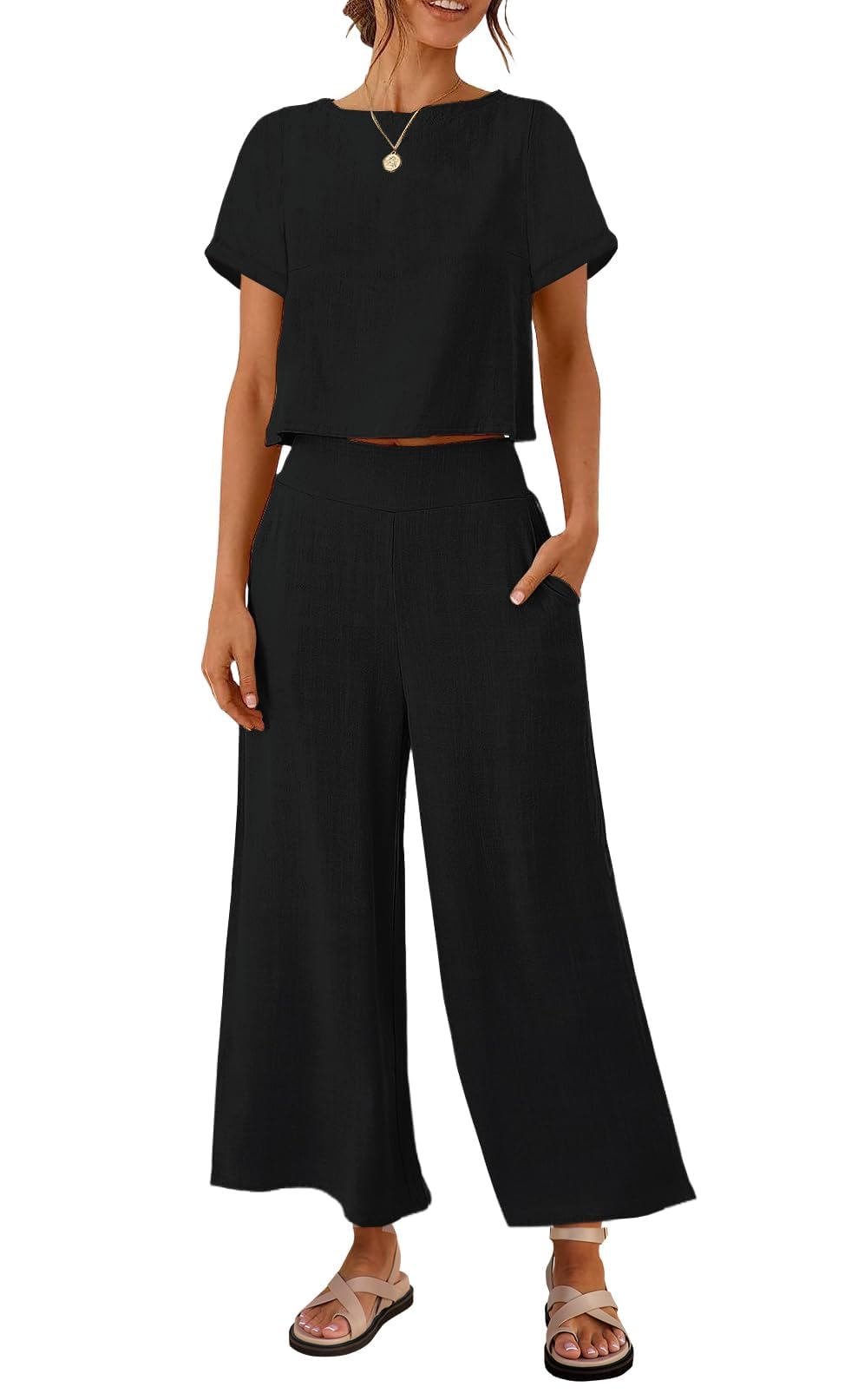 Photo 1 of ZESICA Women's 2 Piece Outfits Linen Short Sleeve Crop Top and Wide Leg Pants Lounge Matching Set Tracksuits Trendy Clothes,Black,Small