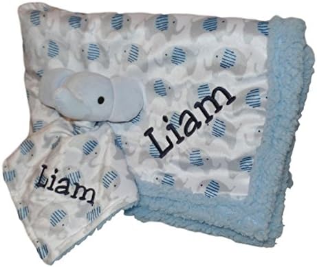 Plush Custom Embroidery Name Baby Blanket (30 x 40 inch) With Lovey Blanket - Excellent Gift Idea (Custom Embroidery Blue Elephant)