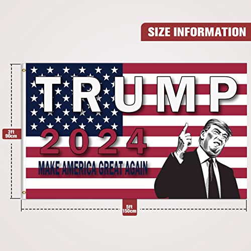 Trump 2024 Flag Double Sided 3x5 Make America Great Again Take American Back Double Sided 3ply Heavy Duty Polyester Anti-UV Fading Donald Trump 2024 Flag with 2 Brass Grommets 4 Rows Stitched Suitable for Indoor and Outdoor Decoration