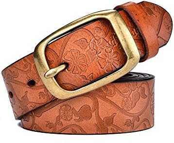 RADYMAN Embossed Flower Women Belts Golden Female Belts Genuine Leather Luxury (Waist 29-39", Light Brown)