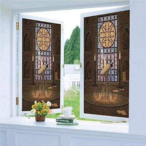 Decorative Privacy Window Film/Lectern on Pentagram Symbol Medieval Architecture Candlelight in Dark Spell Altar/No-Glue Self Static Cling for Home Bedroom Bathroom Kitchen Office Decor Olive Green Mu