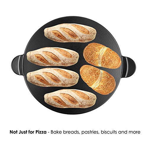 waykea 13” Ceramic Glazed Pizza Stone for Oven Grill or BBQ | Premium Bread Baking Stone Cordierite Pizza Grilling Stone, Black, Round with Handles
