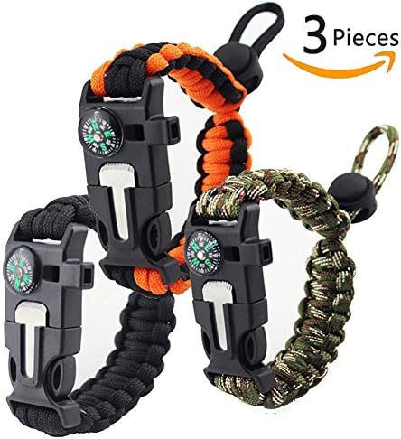 TOPOM Paracord Bracelet Outdoor Survival Bracelet with Embedded Compass, Fire Starter, Emergency Knife and Whistle, 3 Pieces
