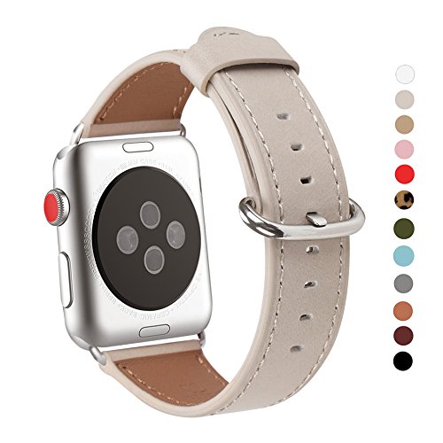 Apple Watch Band 38mm, WFEAGL Retro Top Grain Genuine Leather Band Replacement Strap with Stainless Steel Clasp for iWatch Series 3,Series 2,Series 1,Sport, Edition (Ivory White Band+Silver Buckle)