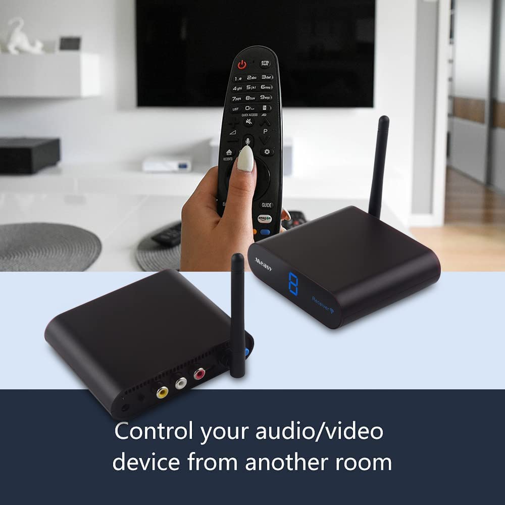 measy AV24 2.4GHz 8 Channel Video & Audio Transmitter & Receiver with IR Remote Extender for Streaming Cable, Satellite, DVD to TV Wirelessly for RCA Cable - Not Compatible with HDMI (AV24)