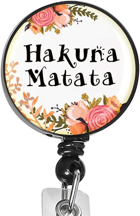 Hakuna Matata Badge Holder - Retractable Keychain with Alligator Clip for Name Tag ID Card Keys - Decorative Badge Reel with Lanyard & Belt Clip for Nurses, Teacher, Student, Men and Women