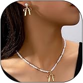 WOLONGFUHU Gold Bow Necklace Earrings for Women Faux Pearl Bowknot Necklace Cute Rhinestone Bow Earrings Dainty Jewelry Gift