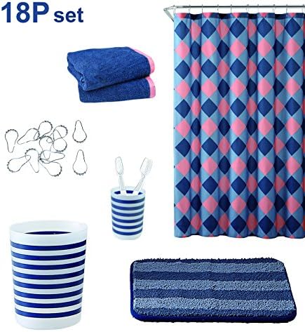 SkyMoving Luxury Style 18-Piece Bathroom Accessory Set: 1 Bath Mat, 2 Bath Towels, Shower Curtain, 12 Shower Curtain Rings, Trash Bin, Tumbler (18-pieces Set)