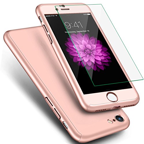 For Apple iPhone 8 Case, iPhone 7 Case, ANOLE 360 Full Body Protection 2in1 Ultra Thin PC Shell with [Tempered Glass Screen Protector] Coverage Matte Hard Plastic Cover & Skin 4.7 Inch (Rose Gold)