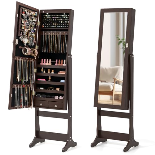 Giantex 2 LEDs Standing Jewelry Cabinet with Full Length Mirror, Lockable Mirrored Jewelry Armoire with 2 Drawers, 4 Adjustable Angles, Jewelry Storage Organizer, Brown