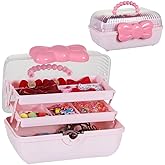 Hoemastot 3-Layer Plastic Storage Box with Handle - Multipurpose Organizer for Hair Clips, Headbands, Ties & Jewelry - Ideal for Girls (pink)