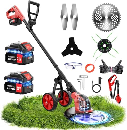 20000 RPM Electric Weed Wacker with Wheel,12″ Brushless Cordless Weed Eater Battery Powered, 4-in-1 Brush Cutter/String Trimmer/Grass Edger/Lawn Mower,Stringless Weed Trimmer 2 Battery (Red)