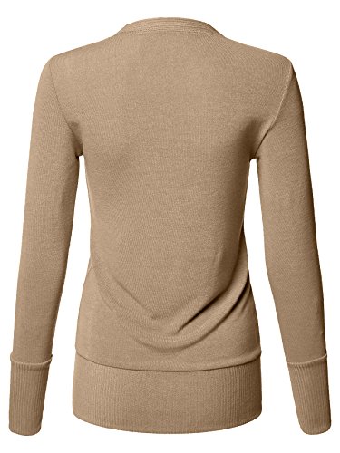Luna Flower Women's V-Neck Snap Button Cardigan Sweater with Rib Detail Heather_Beige X-Large(GCDW027)
