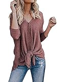 HBEYYTO Womens Long Sleeve Button Down V Neck Henley Shirts Top Tie Knot Front Waffle Knit Loose Tunic Blouse Tops S-XXL