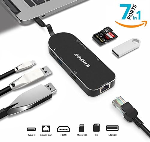 KINPOF USB C Hub,Type C Hub Aluminum 7-in-1, USB C Adapter 3.1 Charging Port with 4K HDMI Port, 2 USB 3.0 Ports, SD Card / TF Card Reader and RJ45 Ethernet for Macbook Pro&Google Chromebook- Black