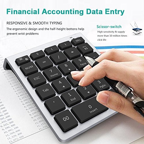 Wireless Number Pad, Lekvey Numeric Keypad : 28 Keys Multi-Function Numpad Keyboard with 2.4G Mini USB Receiver for Laptop Desktop PC Computer Notebook, Surface pro, Windows etc - Silver