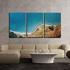 3 Piece Canvas Wall Art - Bird View of Costal Road Along The Blue Ocean - Modern Home Art Stretched and Framed Ready to Hang - 16"x24"x3 Panels