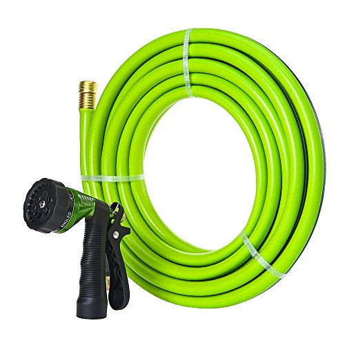 GREEN MOUNT Garden Hose 25 Feet with 5/8 Solid Brass Coupling Fittings, Durable and Flexible Water Hose, 6 Function High Pressure Spray Nozzle for Household Use