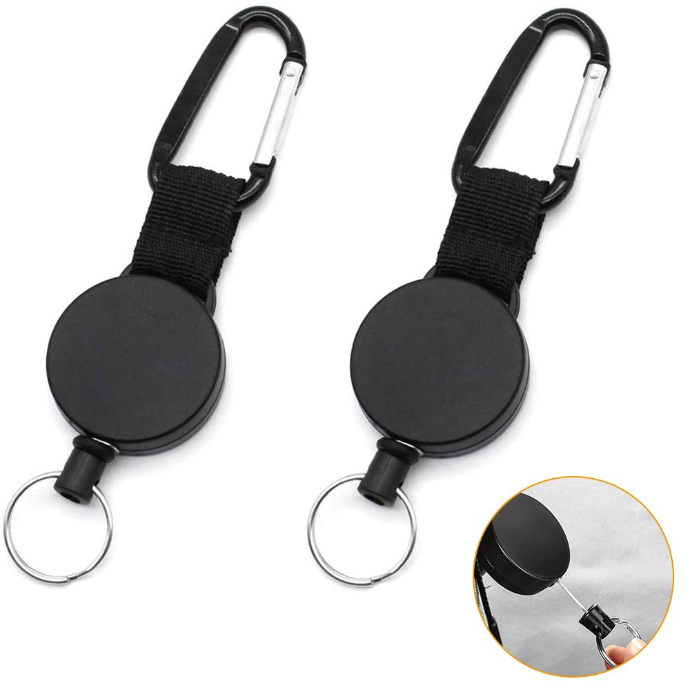 MAIQIU 2 Pieces Retractable Key Chain, Heavy Duty Retractable Key Reel, Extendable Keychain with 39 Inches Steel Wire Rope for Id Name Card Keychain, Black
