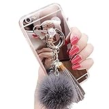 iPhone 7 Plus / 8 Plus Case, Luxury Fur Ball Soft Rubber Bumper Bling Diamond Glitter Mirror Makeup Case with Bear Ring Stand Holder for Girls (Gray, iPhone 7 Plus / 8 Plus)