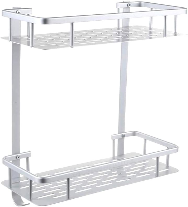 2 Tier Wall Mount Bathroom Shelf Organizer with Hooks, Heavy Duty Shower Shelf Basket Caddy Storage for Bathroom Bedroom Kitchen and Installation with Adhesive