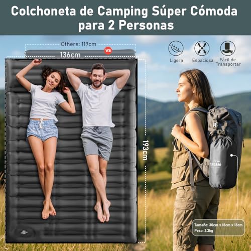 Elegear Colchon Inflables Matrimonial Camping, 14CM Ultra-Thick Colchón Inflable para 2 Personas con Bomba de Pie, Colchón de Aire Autohinchable para Acampar Mochileros Senderismo Tiendas,Gris