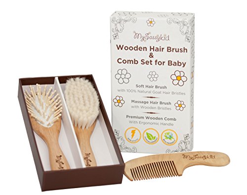 Slicemall Wooden Baby Hair Brush and Comb Set with Natural Goat Hair, Helps Prevent Cradle Cap