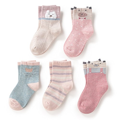 SUNBVE Baby Toddler Girls Bears Soft Cotton Dress Socks 5 Pack