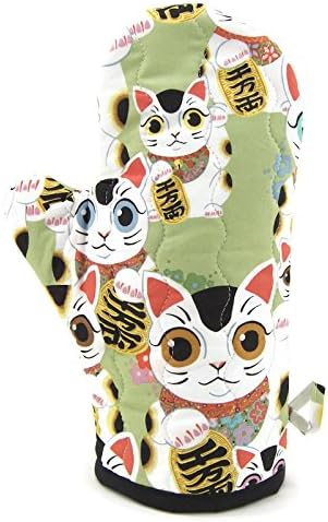 Lucky Cat Oven Mitt - Green Kitchen Pot Holder - Cotton Fabric