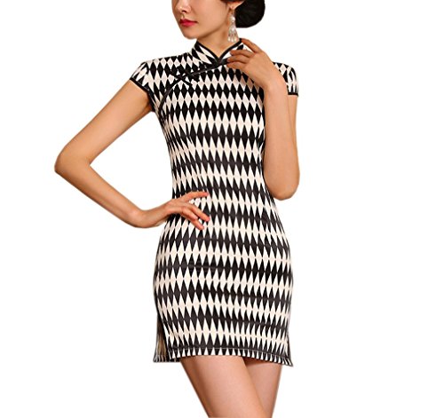 XueXian(TM) Women's Summer White and Black Silk Stain Qipao Short Dress