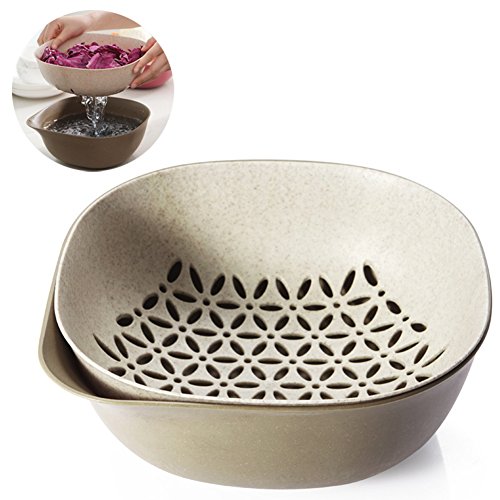 Oak-Pine 2-in-1 Multipurpose Plastic & Wheat Straw Drain Basket Bowl Food Wash Strainers Collapsible Colanders Kitchen Strainer for Vegetables Fruit Kitchen Tool (Kahki) - Thumbnail 6