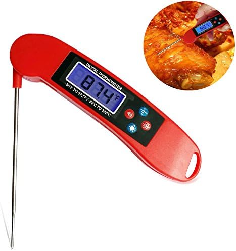 Meat Thermometer Digital Food Cooking Kitchen Thermometer Fast Accurate Instant Read with Metal Collapsible Folding Probe Backlight LCD for Grill Baking BBQ Candy Liquid Hot Oil Milk Bath Water Red
