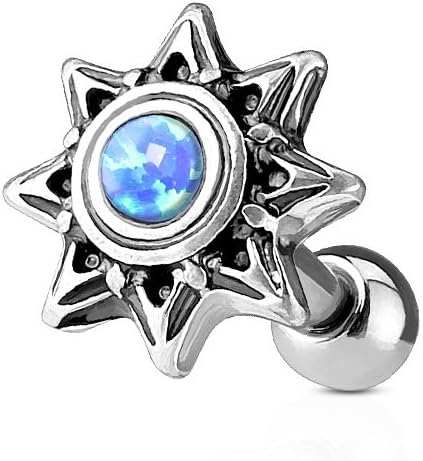 PiercedOff316L Surgical Steel Externaly Threaded Tribal Sun Cartilage Barbell with Synthetic Opal