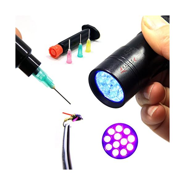 SAMS-Fly-Tying-Kits-UV-12-LEDs-Bright-Black-Light-Flashlight-and-Clear-Glue-Cure-Syringe-Coating-Tools-for-Buzzer-Bug-Nymph-Head-Body-Trout-Flies-Making