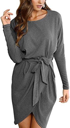 HanDanGe Casual Long Batwing Sleeve Loose Pullover Relaxed Fit Sleeve Irregular Dress Party Dress For Women With Belt M-Gray