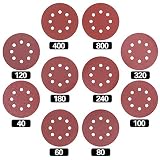 Swpeet 100 Pcs Sanding Discs Sandpaper Hook and Loop Pads for Circular Sander Grits Sanding Sheets 10 Sizes - 40 / 60 / 80 / 100/ 120 / 180 / 240 / 320 / 400 / 800 Grits